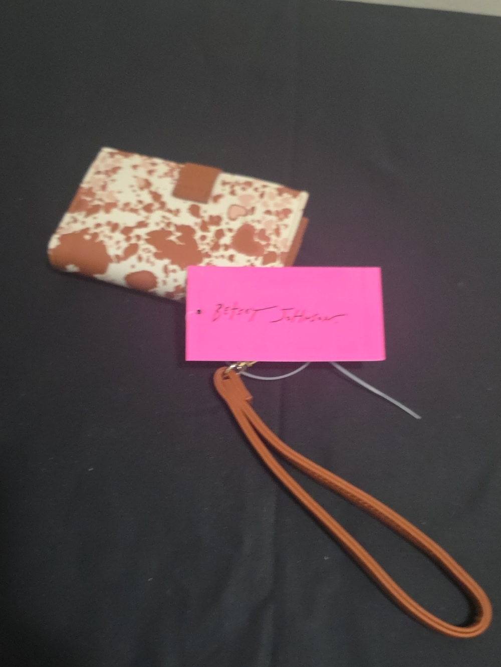 Betsey Johnson White & Brown Speckled Wristlet Clutch with Tan Strap